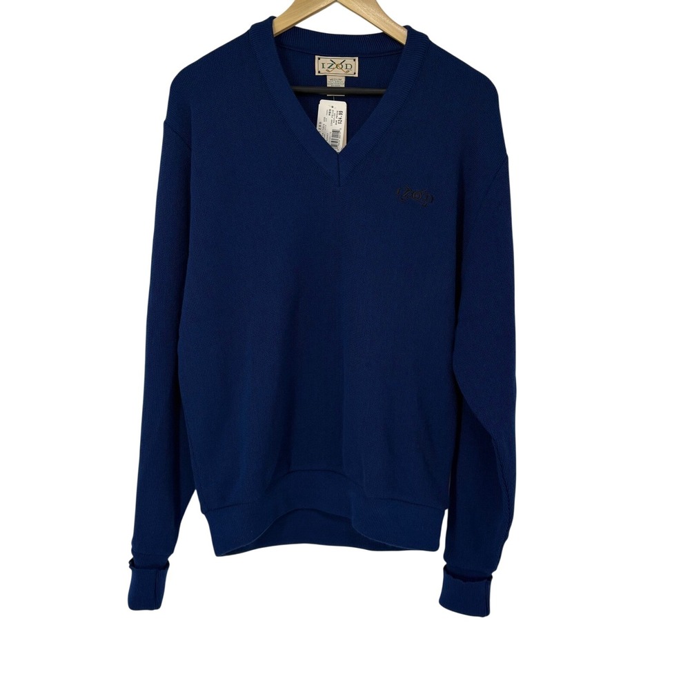Vintage Izod‎ V-Neck Golf Sweater M Navy Blue Long Sleeve Pullover Dead Stock